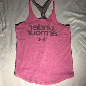 Under Armour pink and grey kids workout tee.